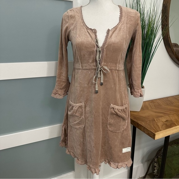 Odd Molly Velvet Empire Waist Dress SZ 1 = Small Beige Pink Tones Festival GUC - Picture 1 of 12